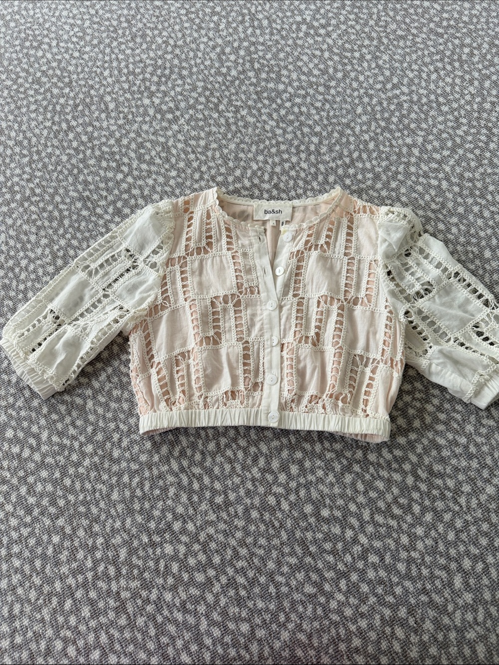 ba&sh Cream & Blush Lace Cropped Button-Up Blouse